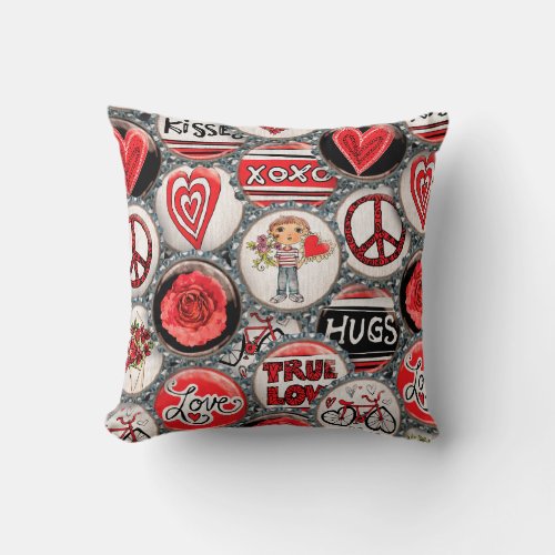 Retro Red Floral Hearts True Love Valentines Day Throw Pillow