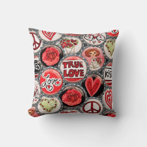 Retro Red Floral Hearts True Love Valentines Day Throw Pillow
