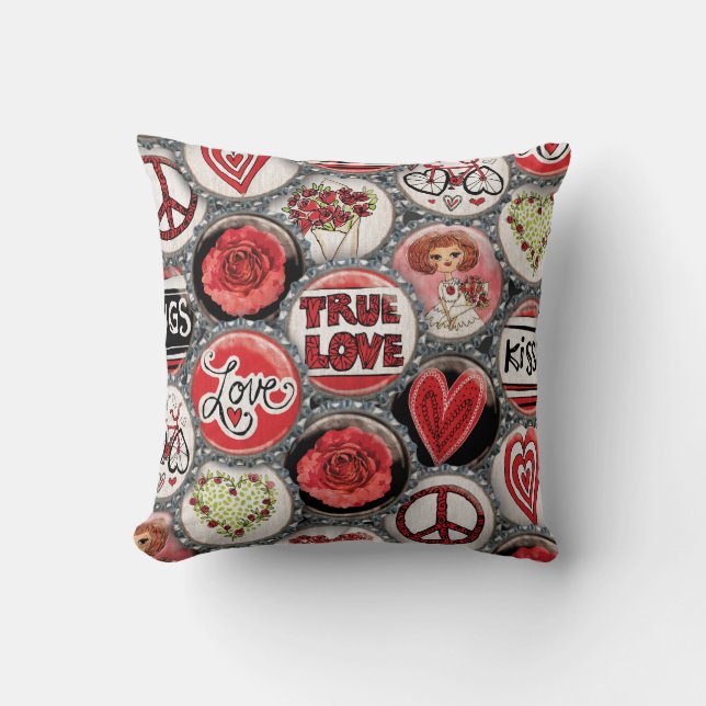 Retro Red Floral Hearts True Love Valentine's Day Throw Pillow (Front)