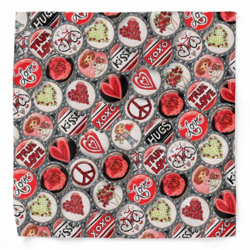 Retro Red Floral Hearts Valentine Bottle Cap Art Bandana