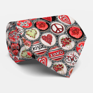 Retro Red Floral Hearts Valentine Bottle Cap Art Tie