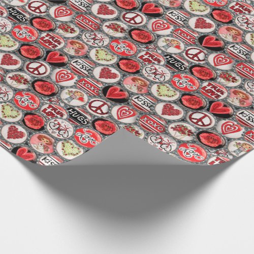 Retro Red Floral Hearts Valentine Bottle Cap Art Wrapping Paper