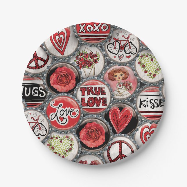 Retro Red Floral Hearts Valentine True Love Paper Plates (Front)