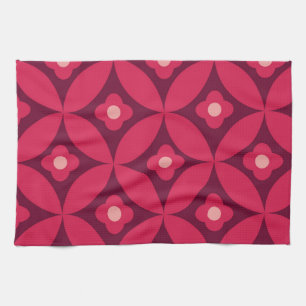 Retro Red Flowers on Mid Century Circles Pattern Kitchen Towel