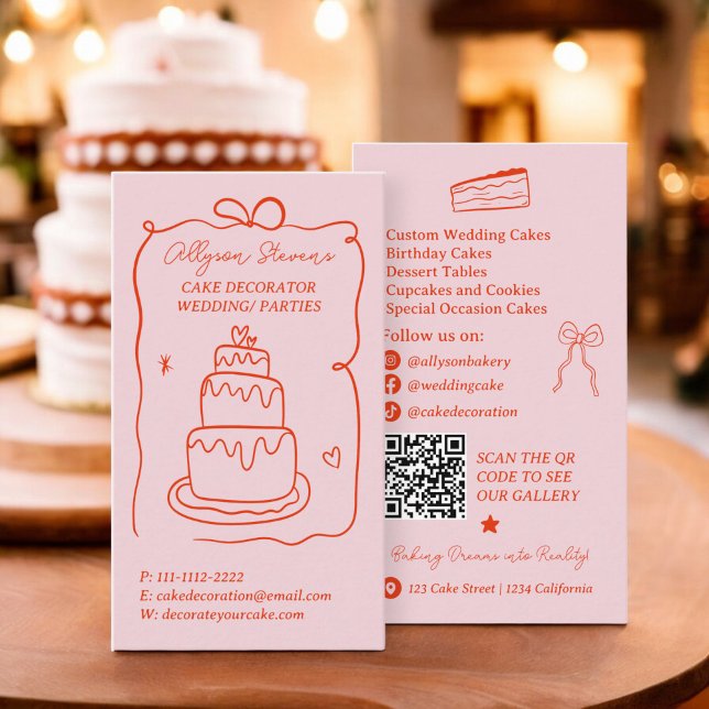 Retro red French Scribbles cake decorator qr code Business Card (Retro red French Scribbles cake decorator qr code Business Card)