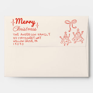 Retro Red Funny Hand Drawn Merry Christmas Trees Envelope