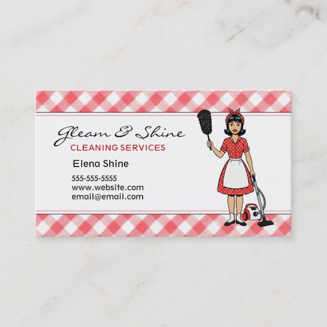 Retro Red Gingham Cleaner Cleaning Lady Service Business Card (Front)