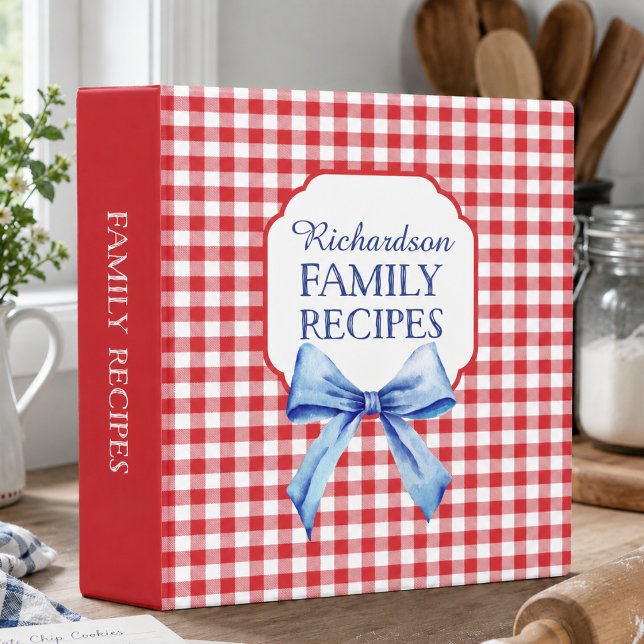 Retro Red Gingham Family Recipe Binder (elegant rustic retro red gingham blue bow family recipes binder with custom name)