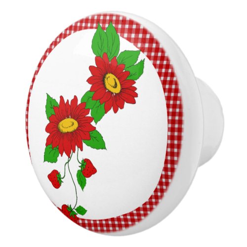 Retro Red Gingham Flowers and Strawberries Ceramic Knob