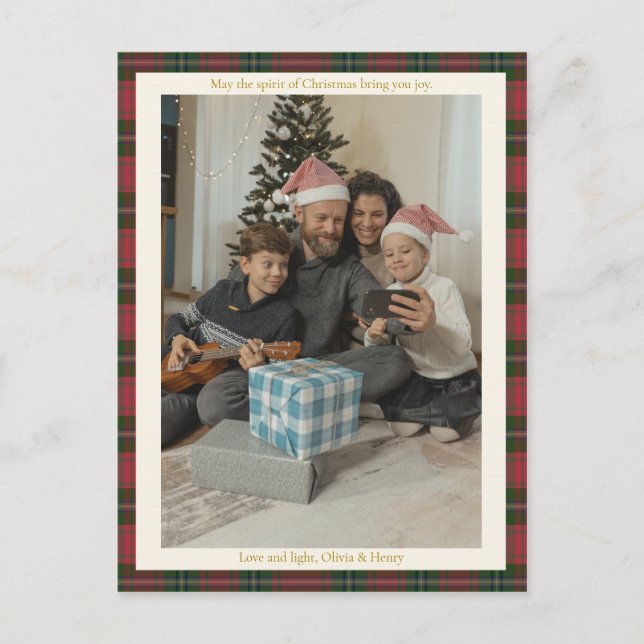 Retro Red Gingham Plaid Custom Photo Christmas Holiday Postcard (Front)
