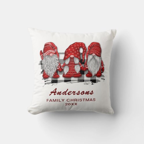 Retro Red Gnomes Christmas Plaid Holiday Throw Pillow