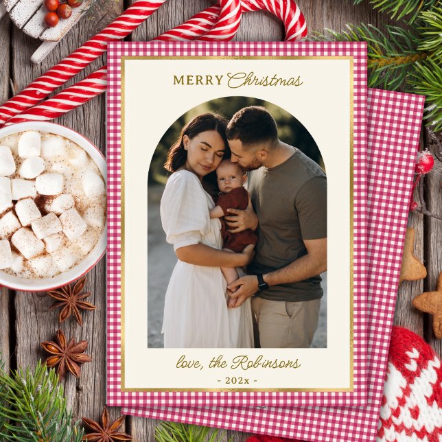 Retro Red Gold Plaid Arch Photo Merry Christmas  Holiday Card (Creator Uploaded)