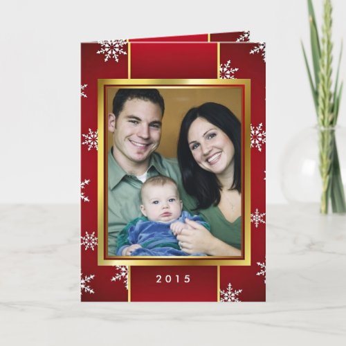 Retro Red Gold Snowflakes Christmas Photo Custom Holiday Card