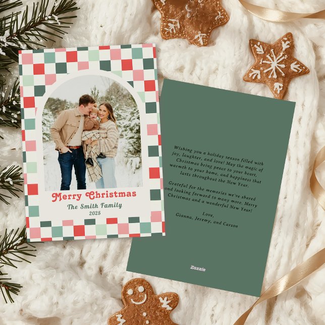 Retro Red Green Checkerboard Photo Arch Christmas Holiday Card (Creator Uploaded)