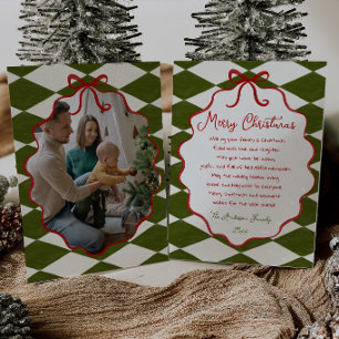 Retro Red Green Checkered Oval Bow Frame Christmas Holiday Card