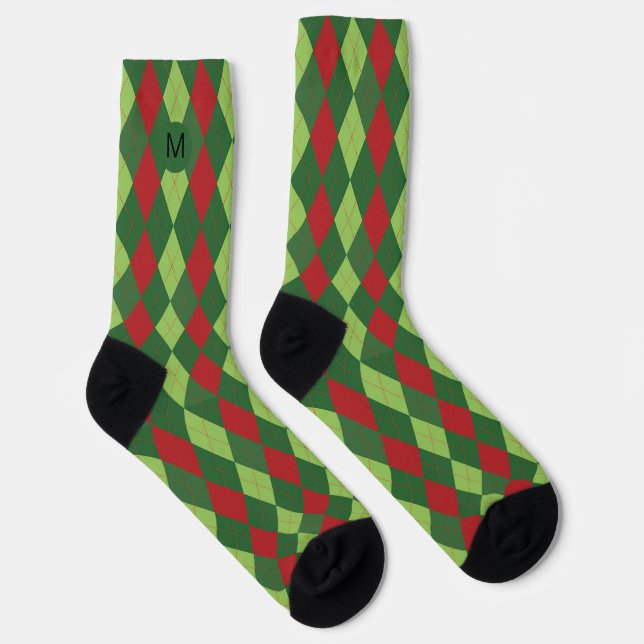 Retro Red Green Christmas Argyle Pattern Monogram Socks (Right)