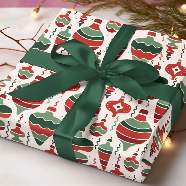 Retro Red Green Christmas Bauble Decorations Wrapping Paper (Creator Uploaded)