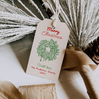 Retro Red Green Drawn Bows Wreath Merry Christmas Gift Tags