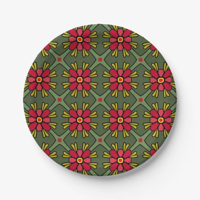 Retro Red & Green Floral Christmas Paper Plates (Front)