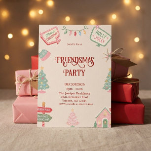 Retro Red Green Friendsmas Christmas Party Invitation