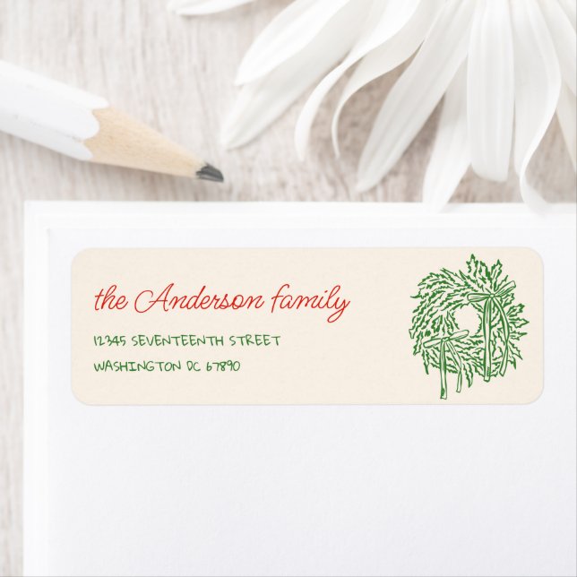 Retro Red Green Hand Drawn Bow Wreath Christmas Label (Insitu)