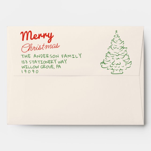 Retro Red Green Hand Drawn Merry Christmas Tree Envelope (Back (Top Flap))