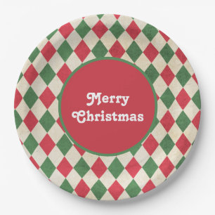 Retro Red Green Harlequin Holiday Paper Plates