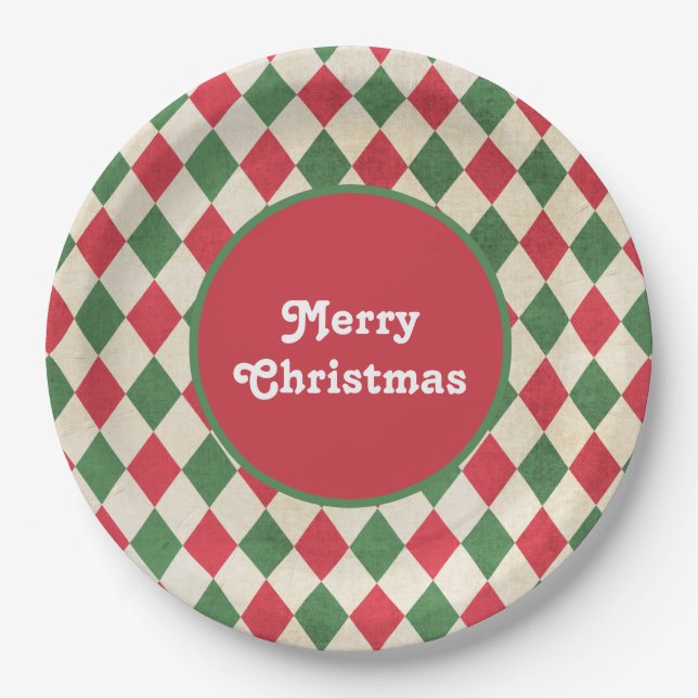 Retro Red Green Harlequin Holiday  Paper Plates (Front)