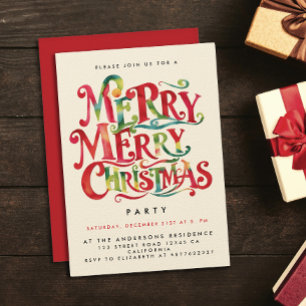 Retro Red Green Merry Christmas Watercolor Typo Invitation