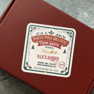 Retro Red Green North Pole Santa Sleigh Delivery Square Sticker