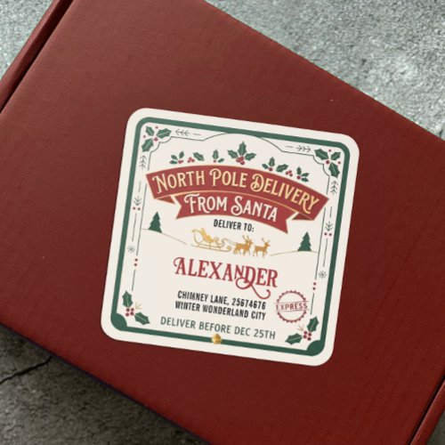 Retro Red Green North Pole Santa Sleigh Delivery Square Sticker