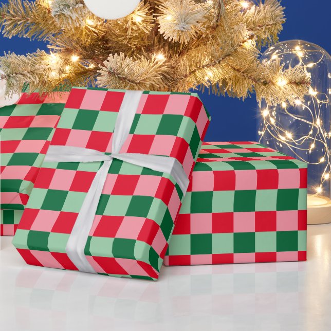 Retro Red Green Pink Tartan Plaid Christmas Wrapping Paper (Holidays)