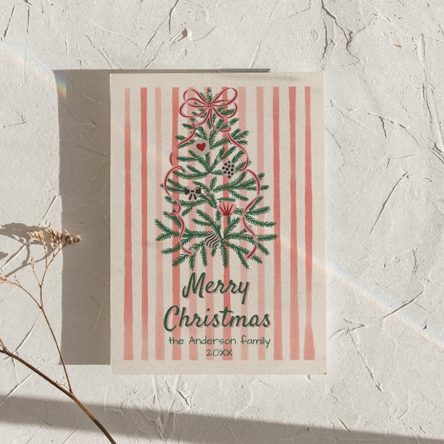 Retro Red Green Ribbons Tree Christmas Non-Photo Holiday Card (Creator Uploaded)