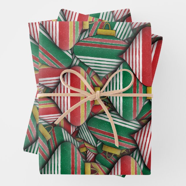 Retro Red Green Striped Ornament Pattern Design Wrapping Paper Sheets (In situ)