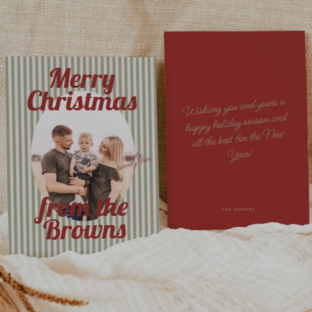Retro Red Green Stripes Boho Oval Photo Christmas Holiday Card (Creator Uploaded)