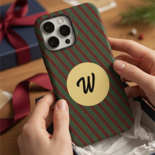 Retro Red & Green Stripes Gold Circle Monogrammed iPhone 16 Pro Max Case