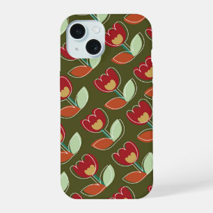 Retro Red Green Tulips Flowers Bloom Cute Pattern iPhone 15 Case