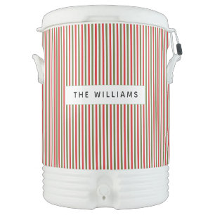 Retro Red Green White Stripe Pattern Custom Name Beverage Cooler