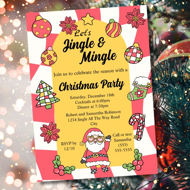 Retro Red Groovy Jingle & Mingle Christmas Party Invitation (Creator Uploaded)