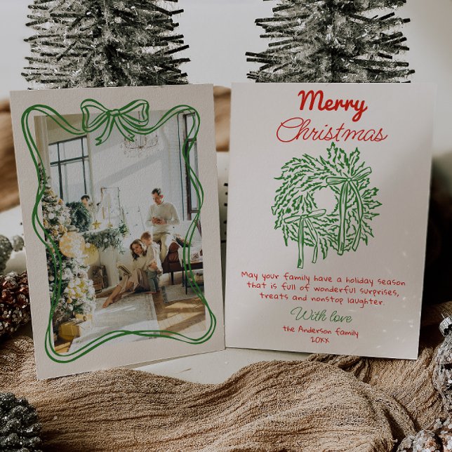 Retro Red Hand Drawn Bow Wreath Photo Christmas  Holiday Card (Creator Uploaded)