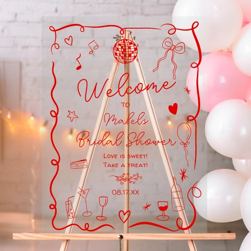 Retro red hand drawn illustrated bridal shower acrylic sign