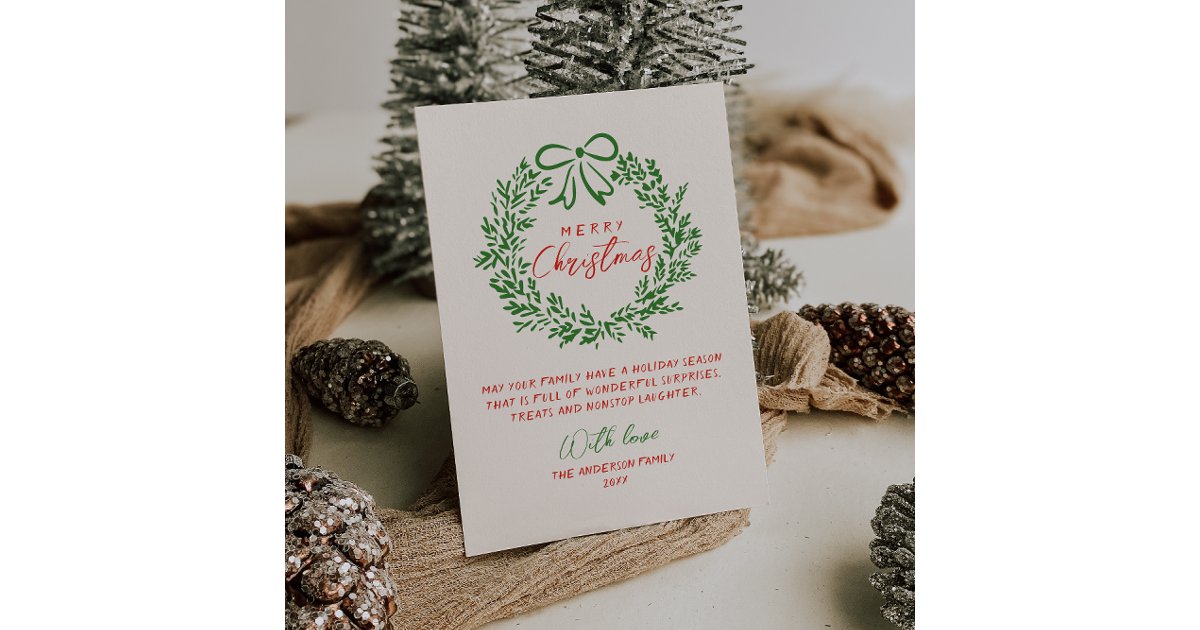 Retro Red Hand Drawn Ribbon Wreath Merry Christmas Holiday Card | Zazzle