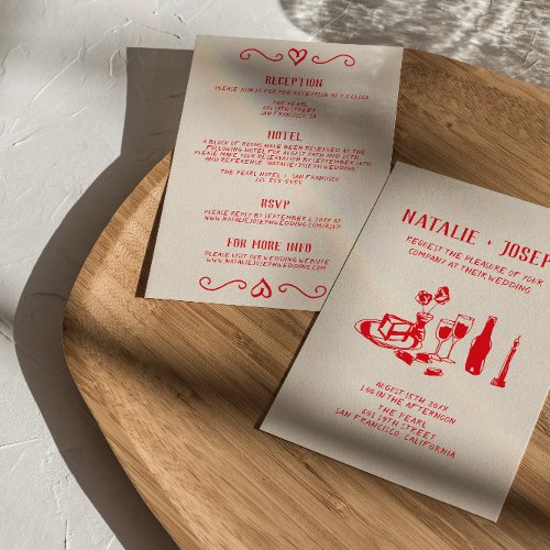 Retro Red Hand Drawn Scribble All In One Wedding Invitation