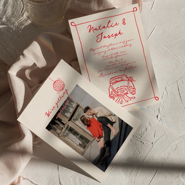 Retro Red Hand Drawn Written Cute Photo Wedding Invitation (Creator Uploaded)