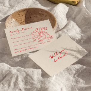 Retro Red Hand Written Drawn Quirky Cute Wedding RSVP Card