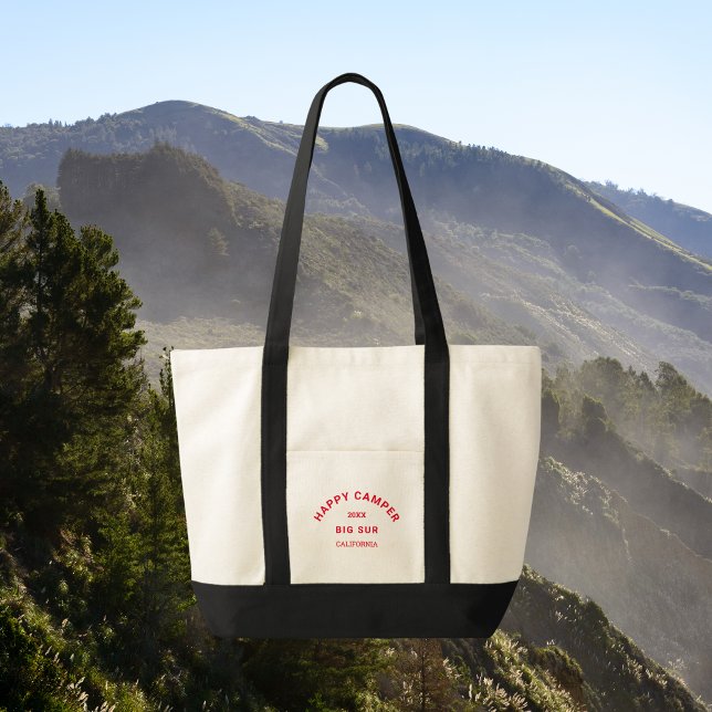 Retro Red Happy Camper Camping Crew Black Trim Tote Bag (Creator Uploaded)