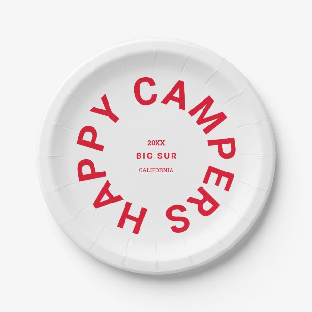 Retro Red Happy Campers Camping Trip Custom Paper Plates (Front)