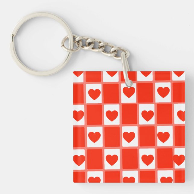 Retro Red Heart Checkerboard Pattern: Balloon Keychain (Front)