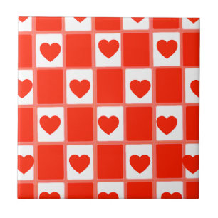 Retro Red Heart Checkerboard Pattern Ceramic Tile