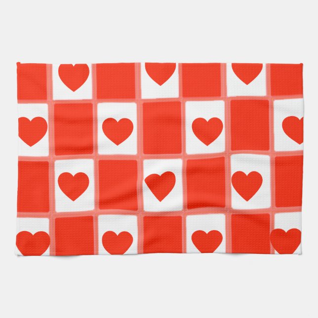 Retro Red Heart Checkerboard Pattern Kitchen Towel (Horizontal)